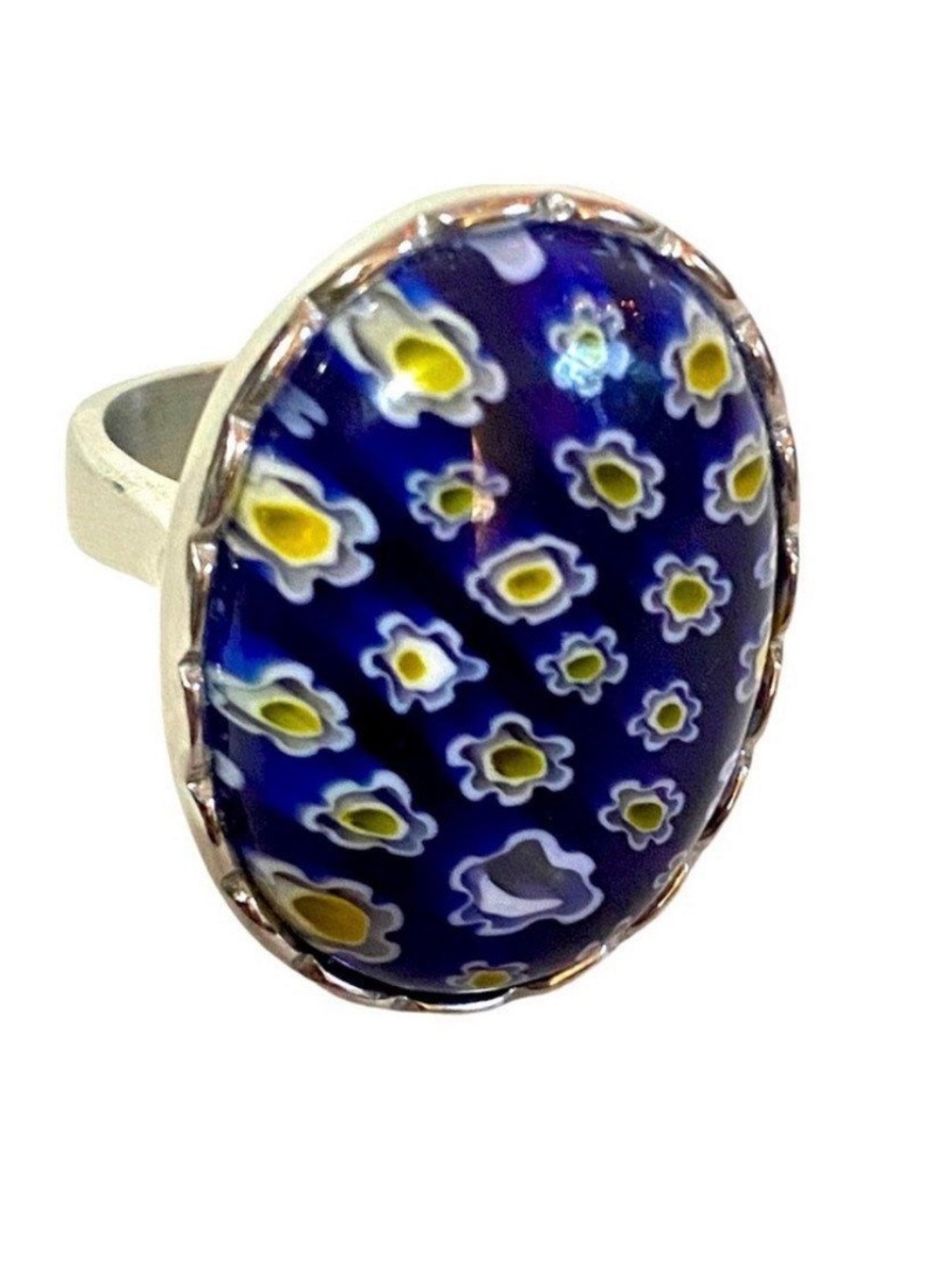 Vintage  Silver Blue Millefiori Glass Flower Ring, Size 9
